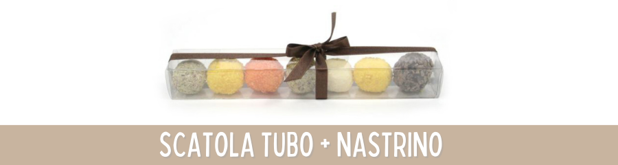 Banner con scatola tubo e nastrino, ripiena di praline
