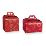 Scatole porta panettone, due misure diverse, rosse con fantasie natalizie dorate