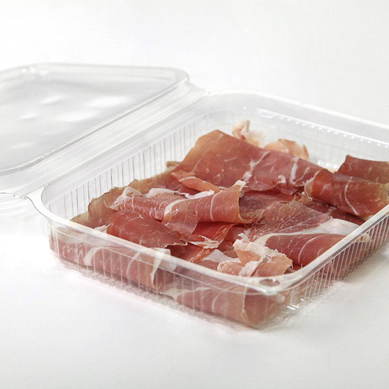 Vaschetta di plastica bassa con coperchio, trasparente, piena di prosciutto crudo