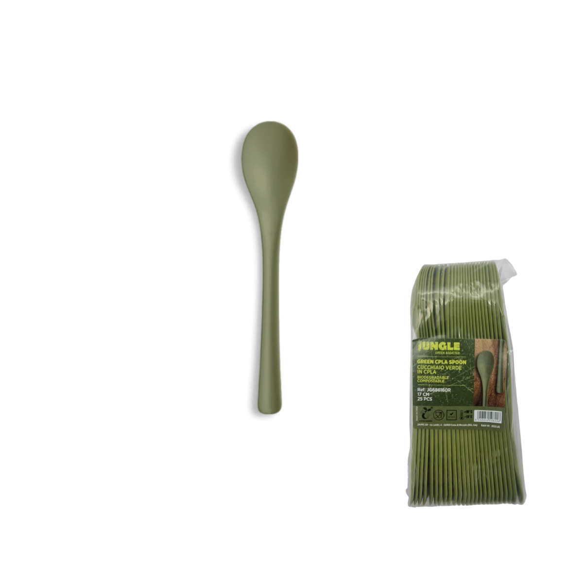 Posata verde mostrata sola e nella sua confezione di cucchiai