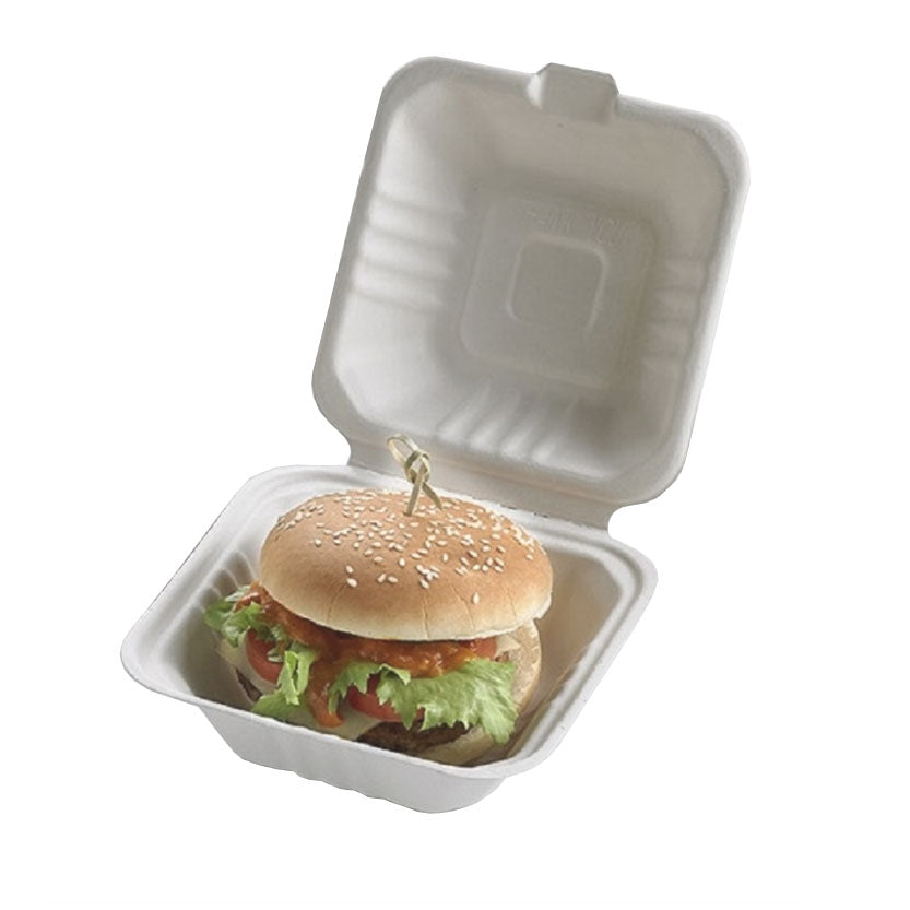 Contenitore bianco per hamburger con panino dentro 