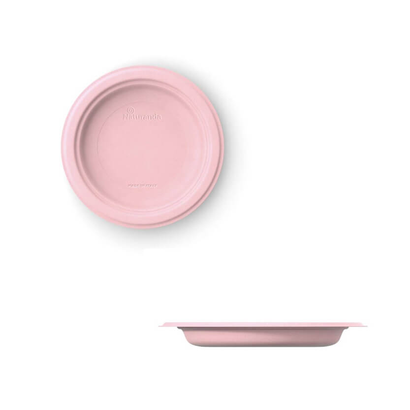 Piatto monouso rosa, visto da sopra e lato