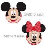Biglietto di auguri con la faccia di topolino e uno con la faccia di Minnie 
