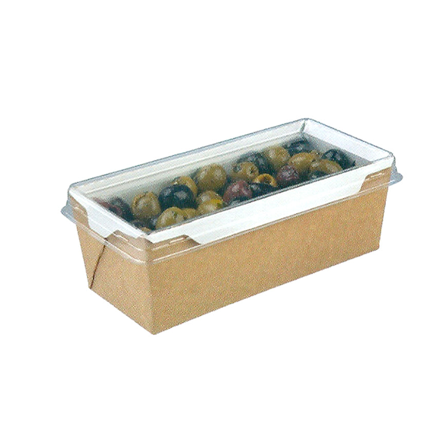 Confezione di cartone con coperchio trasparente piena di olive