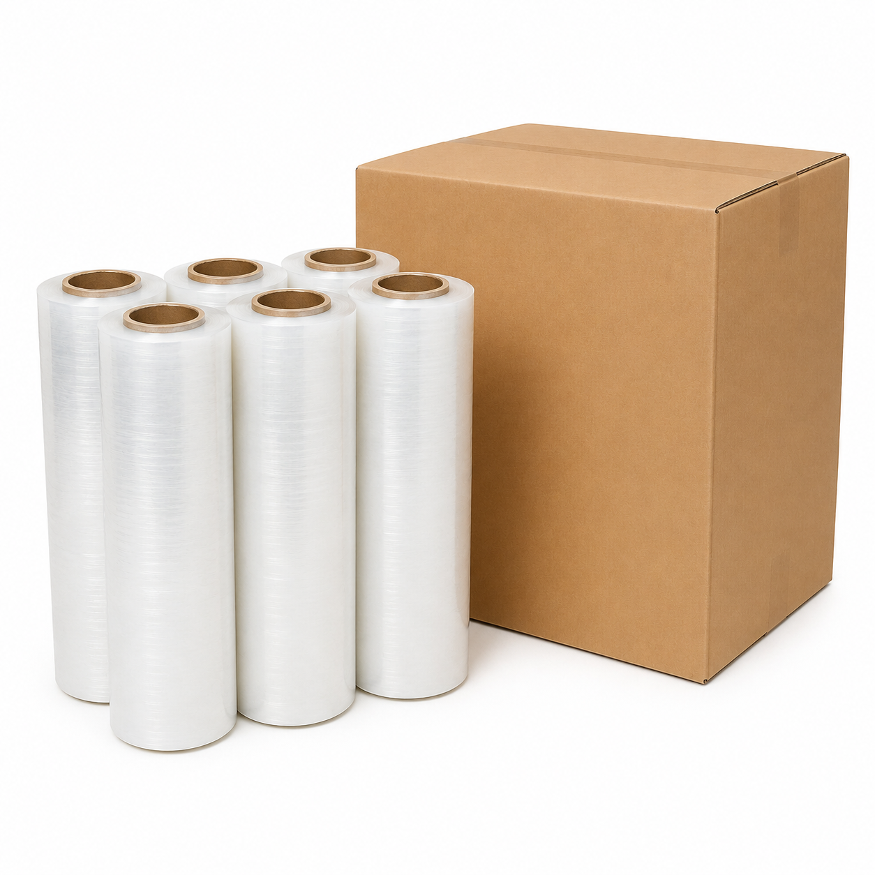 Scatola di avana chiusa con vicino 6 rotoli di estensibile per pallet