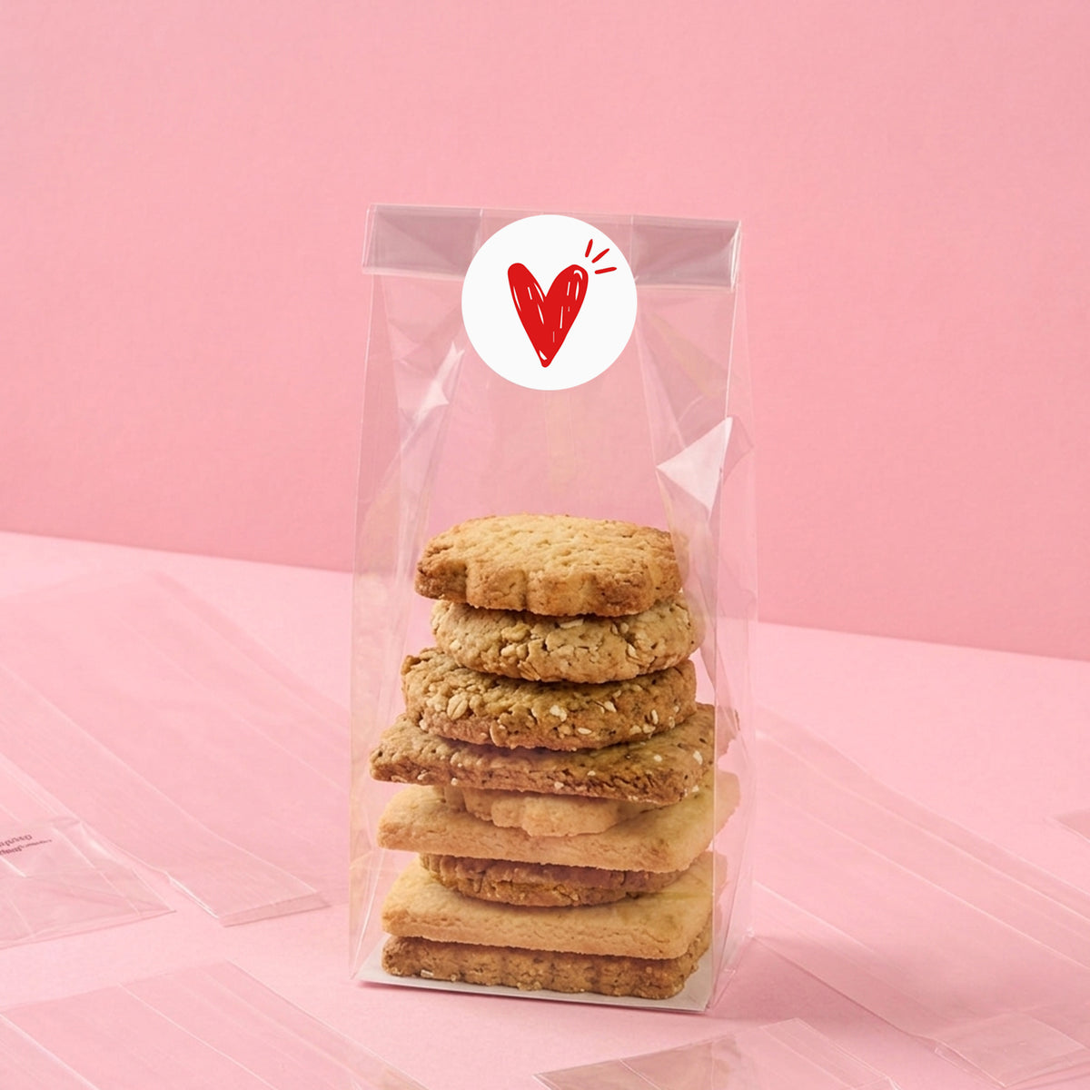 Sacchetto trasparente pieno di dolci con etichetta tonda cuore