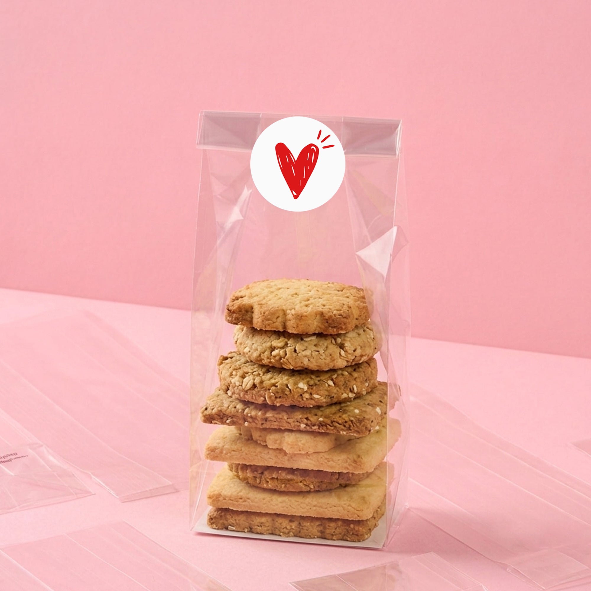 Sacchetto trasparente pieno di dolci con etichetta tonda cuore
