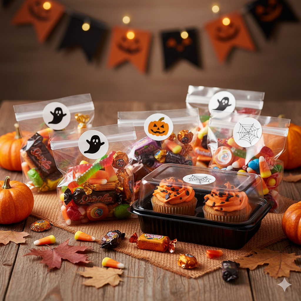 Sacchetti e confezioni su un tavolo a tema halloween, pieni di biscotti e chiusi con etichette tematizzate 