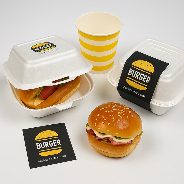 Etichette personalizzate con il tuo logo, disposte su scatole per hamburger. 