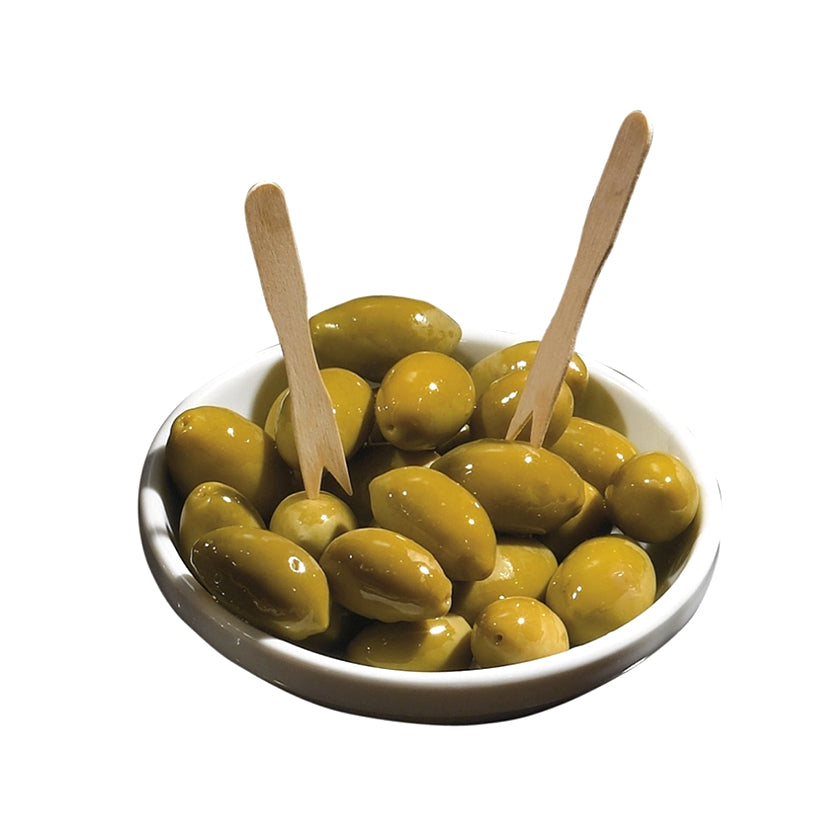 Ciotola con olive verdi e due forchettine di legno 