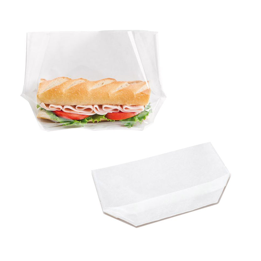 Busta di carta bianca per panino, mostrata chiusa  con panino dentro 