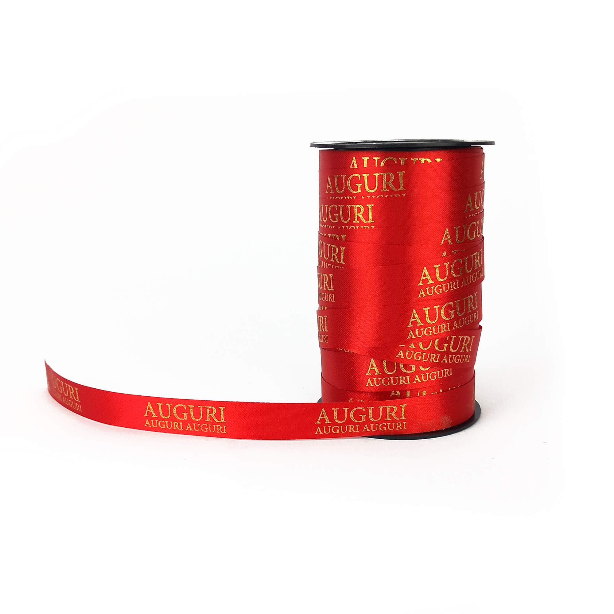 Bobina di nastro rosso con scritta AUGURI dorata 