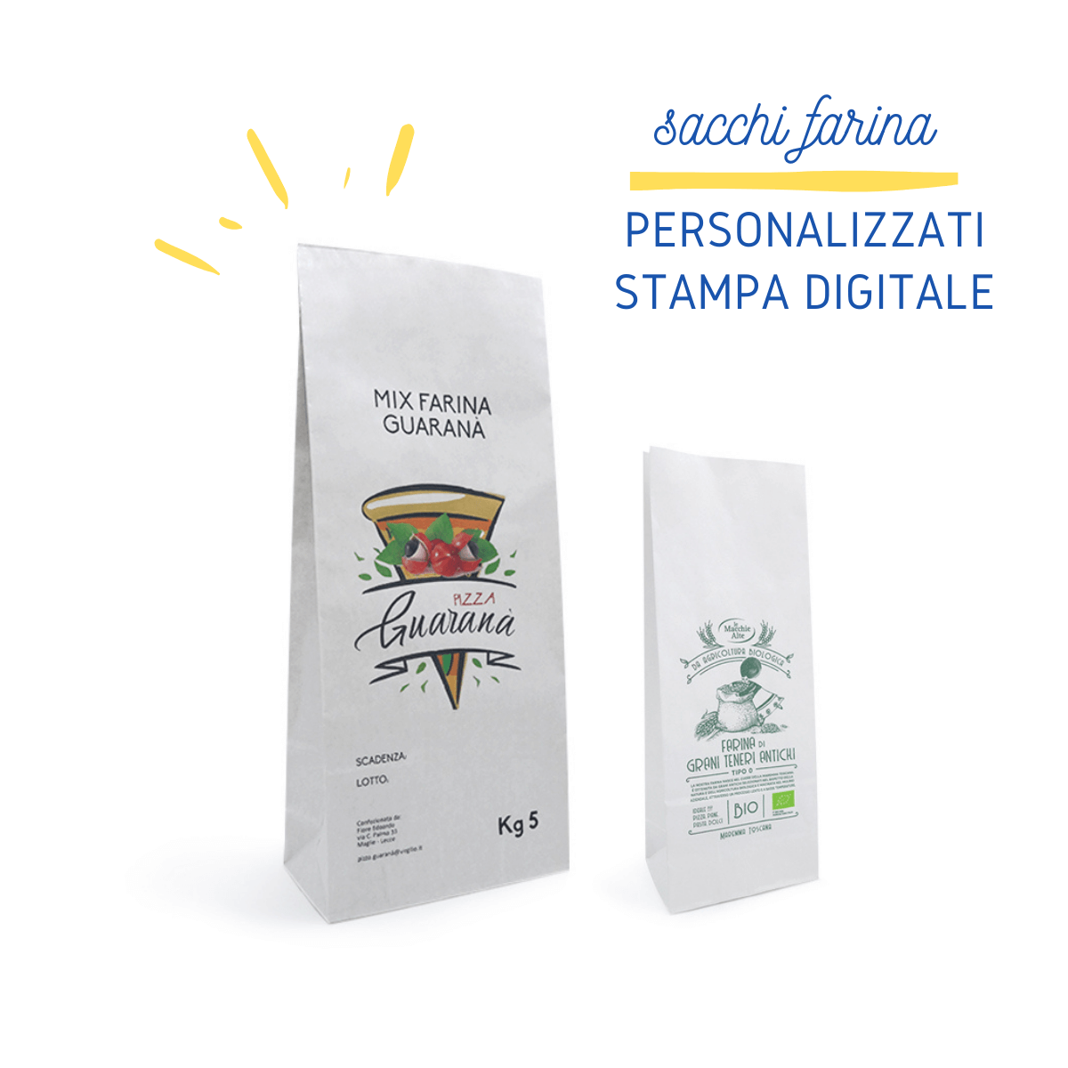 Sacchetto di carta, bianco, in piedi , con grafiche per farina personalizzate 