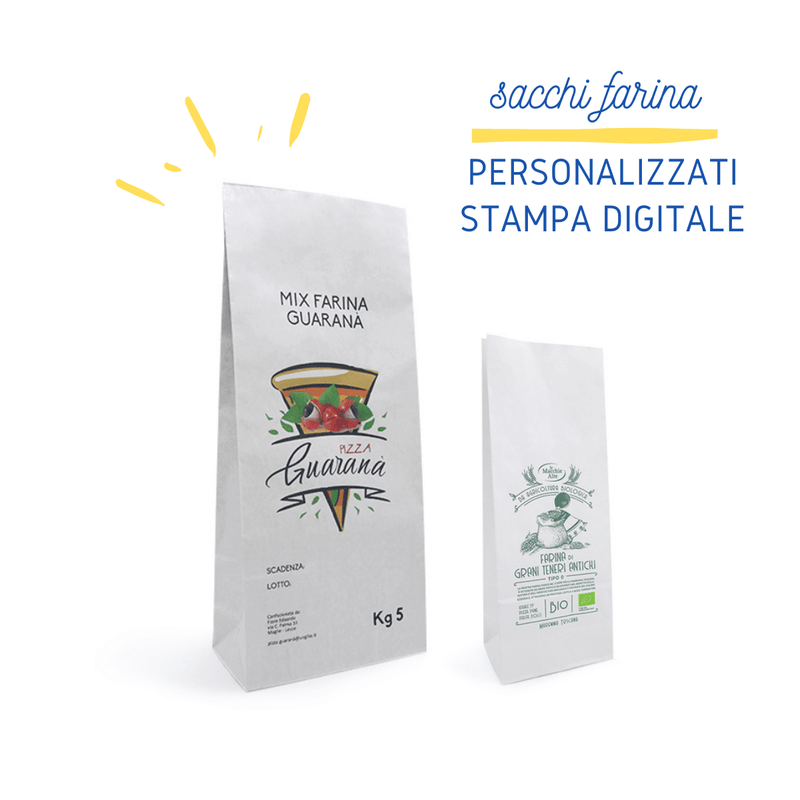 Sacchetto di carta, bianco, in piedi , con grafiche per farina personalizzate 
