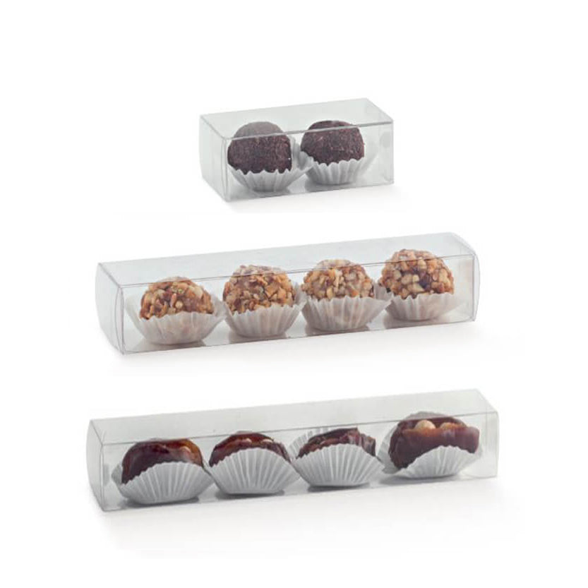 Tubi di plastica, quadrati, diverse misure e pieni di cioccolatini