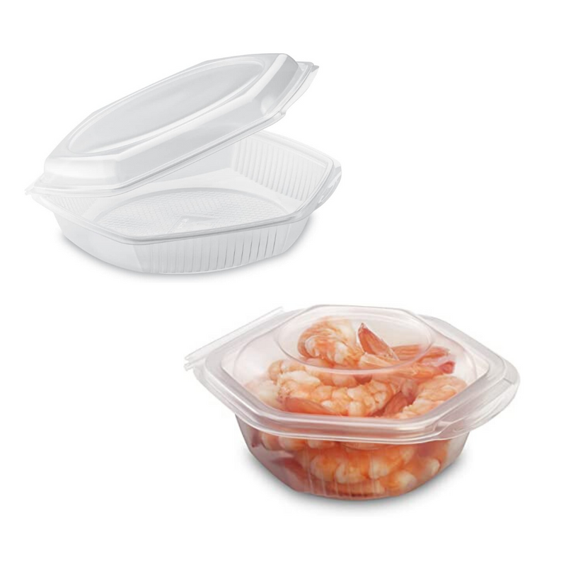 Vaschetta esagonale di plastica trasparente, con coperchio attaccato,  mostrata vuota e con cibo