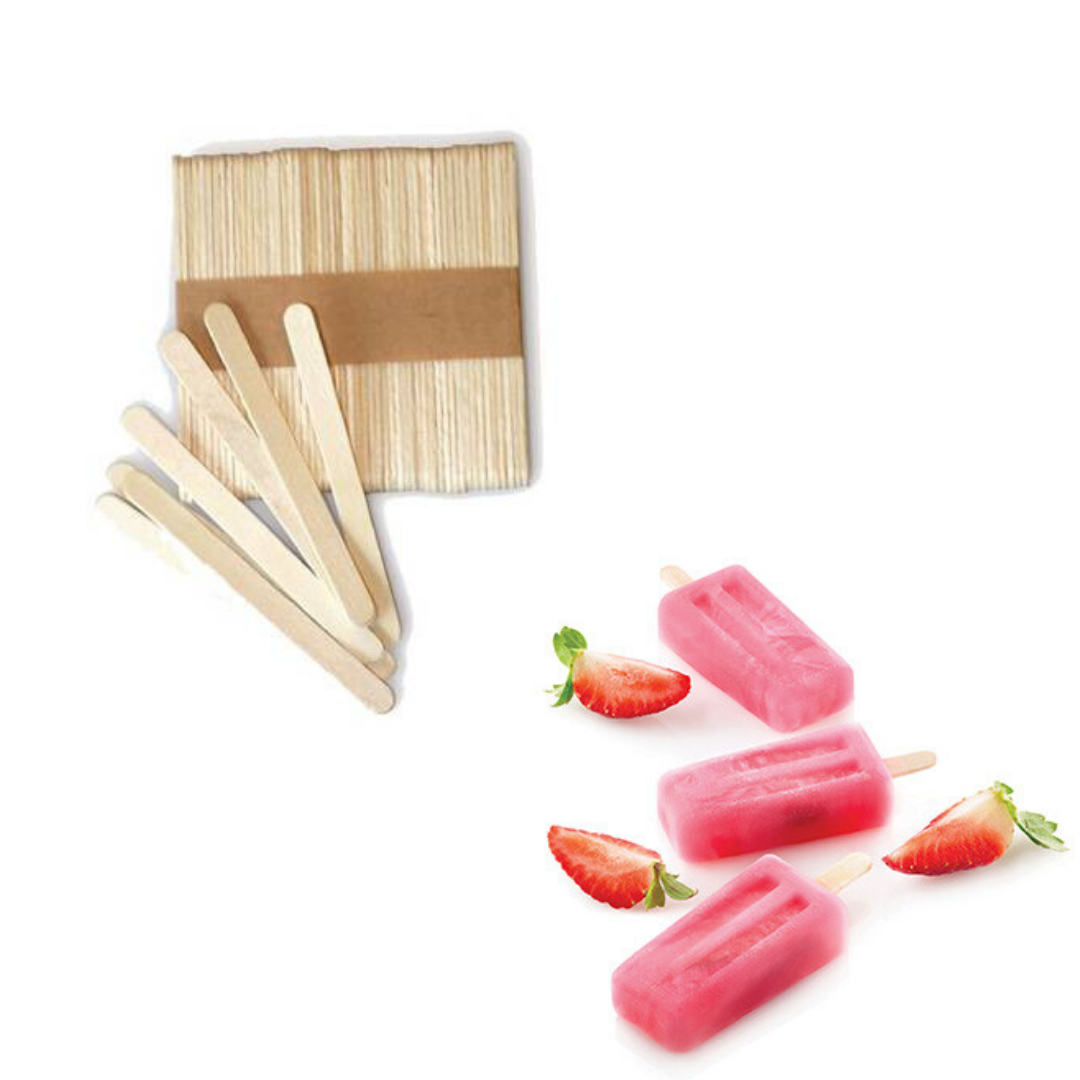 Stecchi in legno per ghiaccioli, sfusi, nella confezione e in 3 ghiaccioli alla fragola 