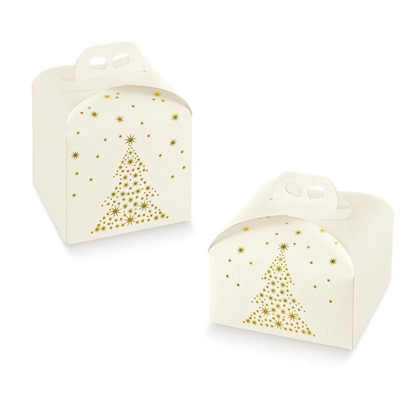 Scatole per panettone alto e panettone basso, bianche con grafiche di albero di natale dorate 
