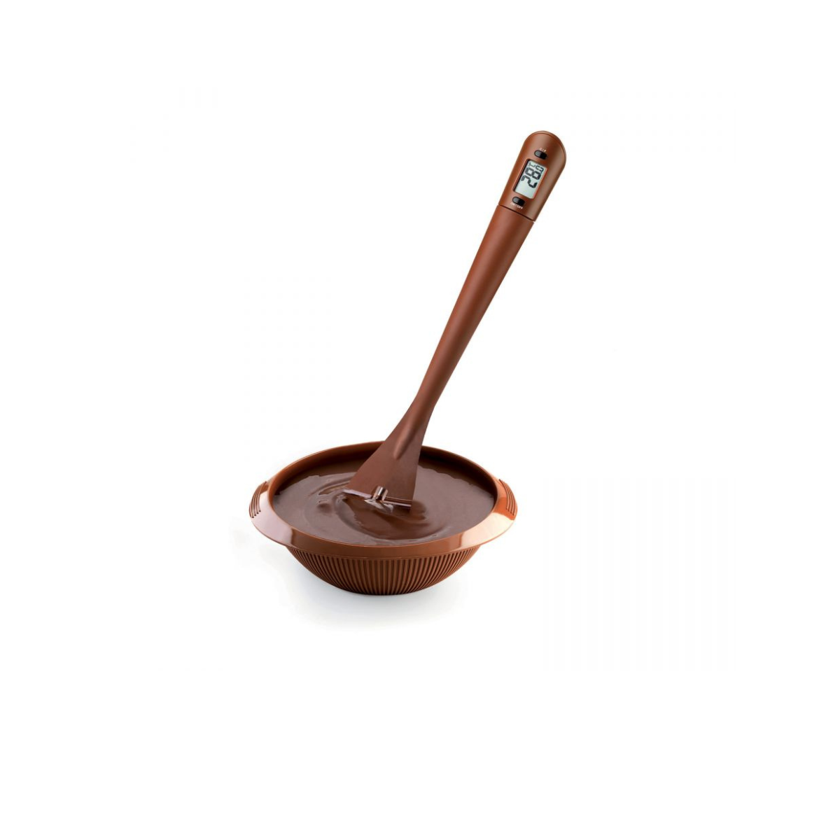 Termometro per cioccolato e ciotola di silicone piena di cioccolato 