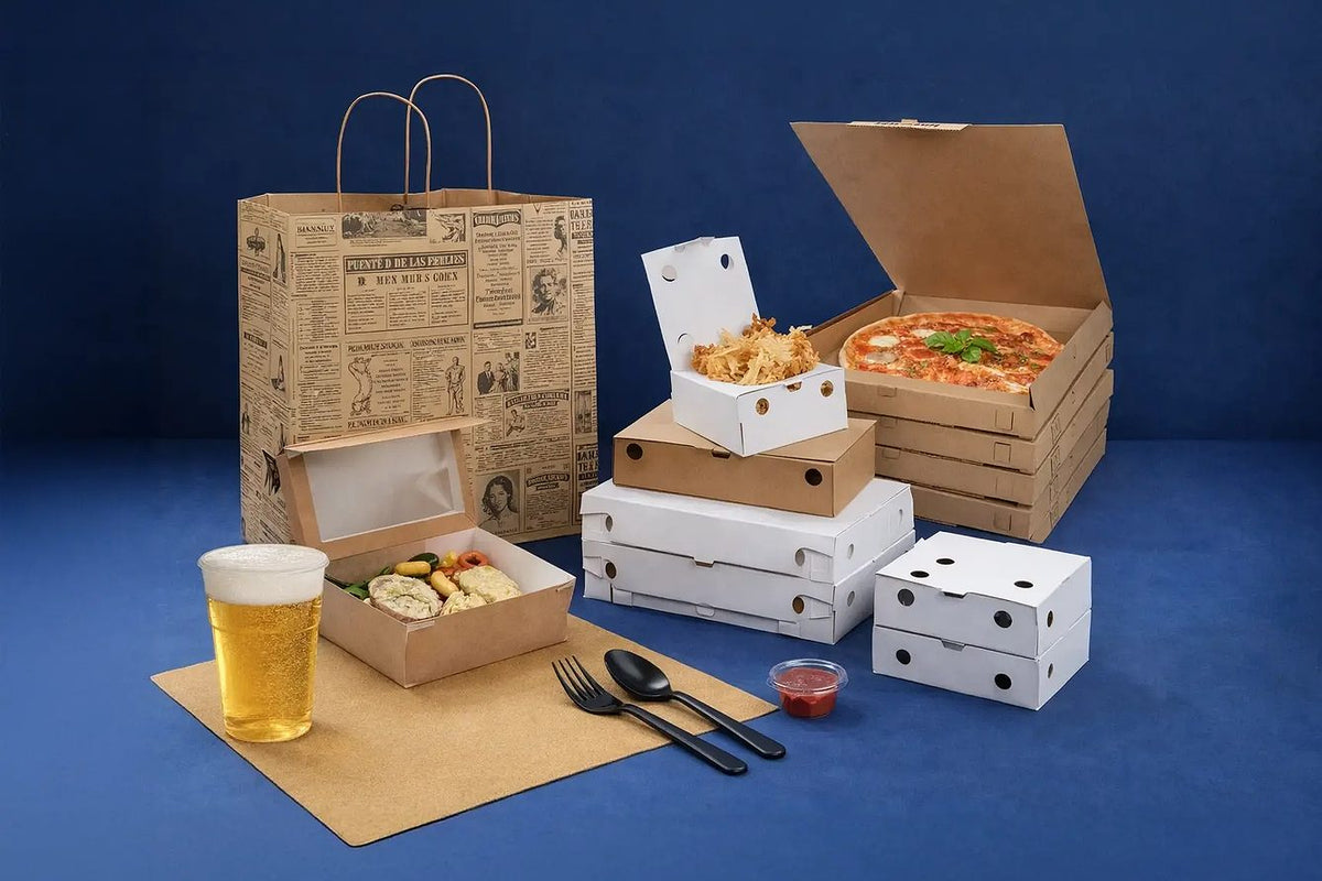 Foto banner sfondo azzurro con scatole asporto, per fritti e pizza 