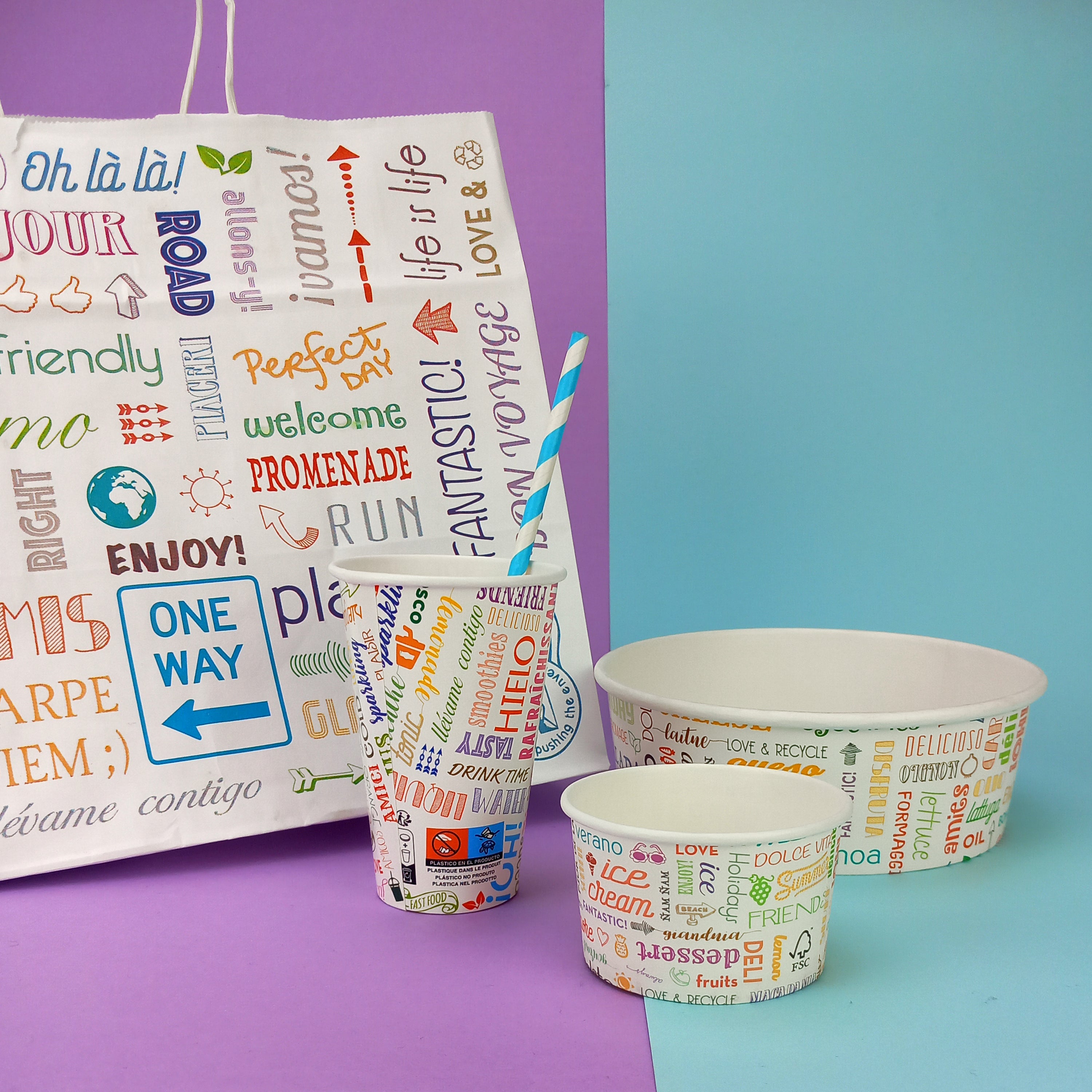 Shopper, bicchiere, ciotola grande e piccola tutto con grafica parole 