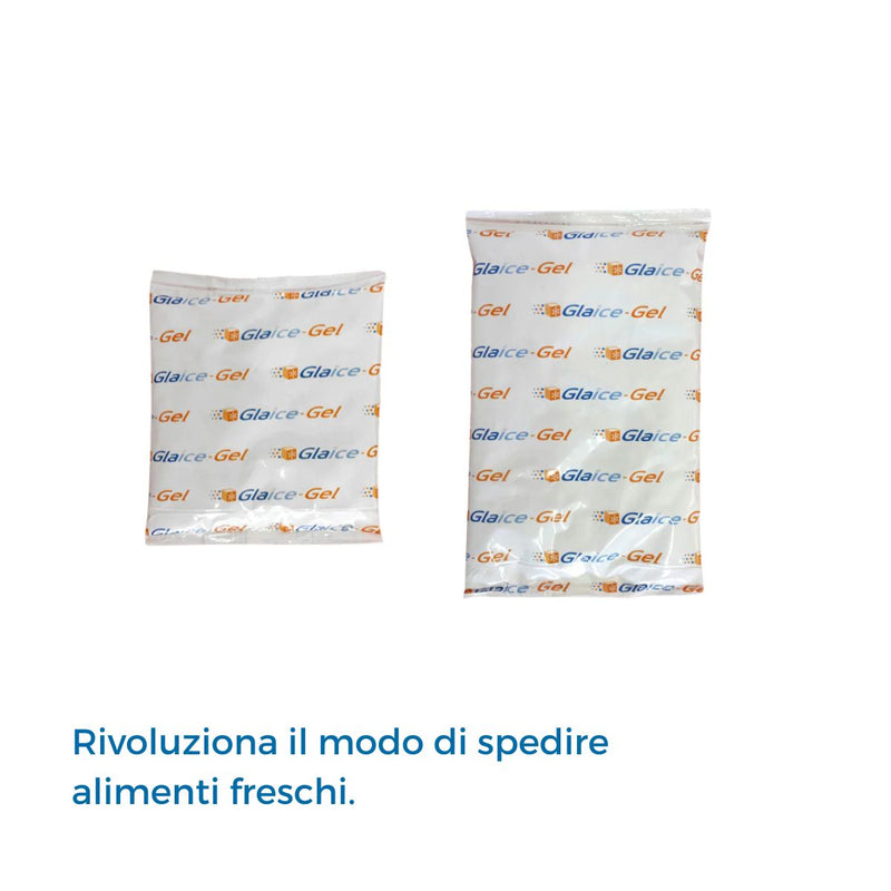 Buste di ghiaccio istantaneo con nome impresso sopra GLAICE su sfondo bianco. Scritta: RIVOLUZION IL MODO DI SPEDIRE ALIMENTI FRESCHI