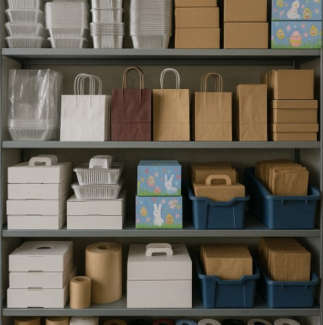 Prodotti di packaging sistemati su mensole 