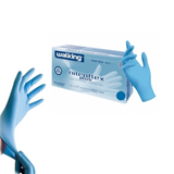 Guanto in nitrile azzurro accanto alla sua scatola
