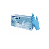 Guanto in nitrile azzurro accanto alla sua scatola
