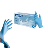 Guanto in nitrile azzurro accanto alla sua scatola
