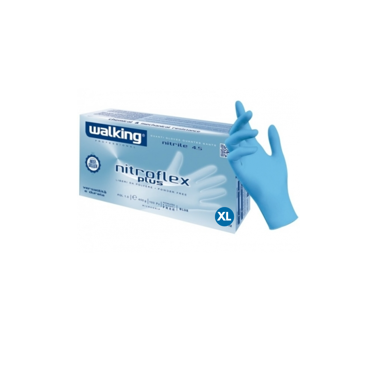 Guanto in nitrile azzurro accanto alla sua scatola