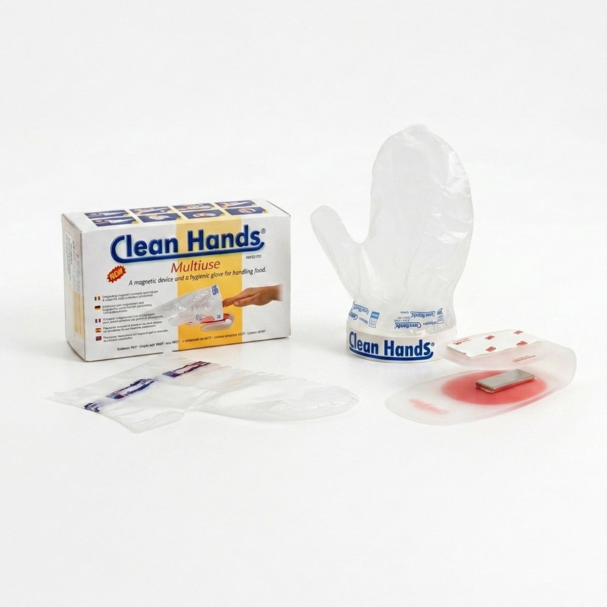 Set del kit guanto multiuso: confezione e pezzi che si trovano dentro mostrati fuori 