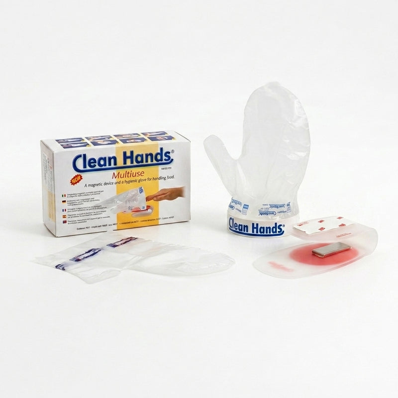Set del kit guanto multiuso: confezione e pezzi che si trovano dentro mostrati fuori 