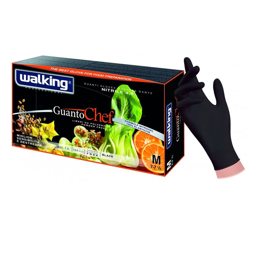 Guanti neri nella loro confezione e mostrati indossati