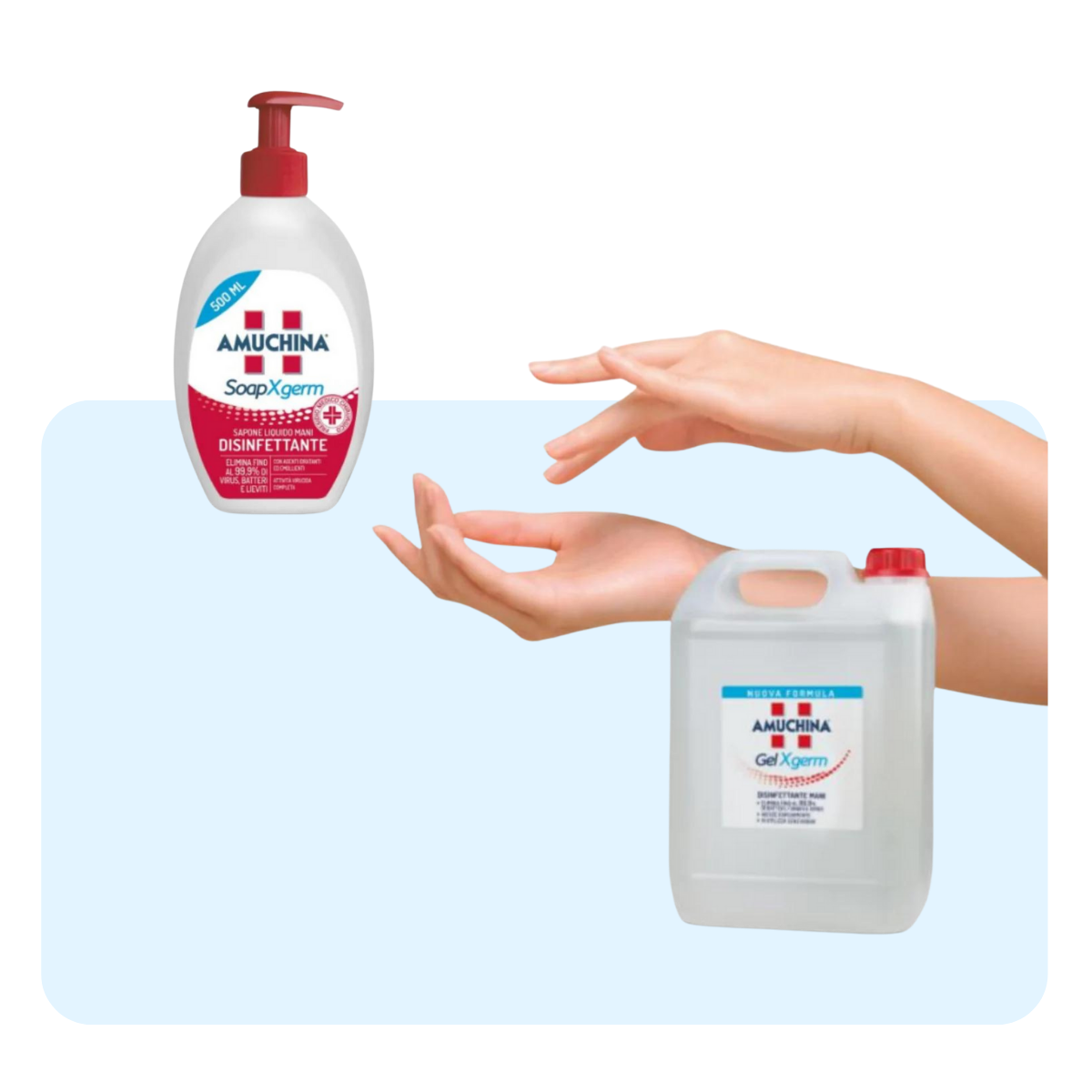 Banner sfondo azzurro con flacone di amuchina per mani, due mani e tanica ricarica di amuchina gel