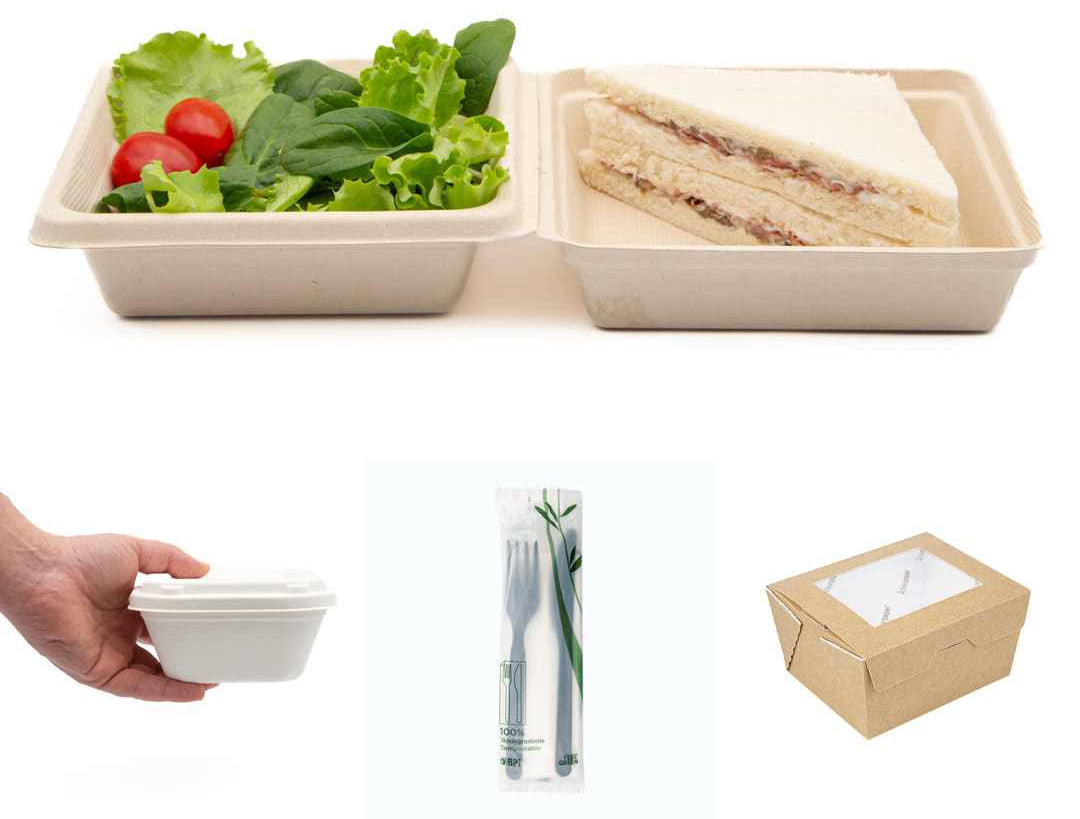Vaschetta porta pranzo con insalata e sandwich e mano che regge un vassoio, bis di posate e scatola avana con finestra 