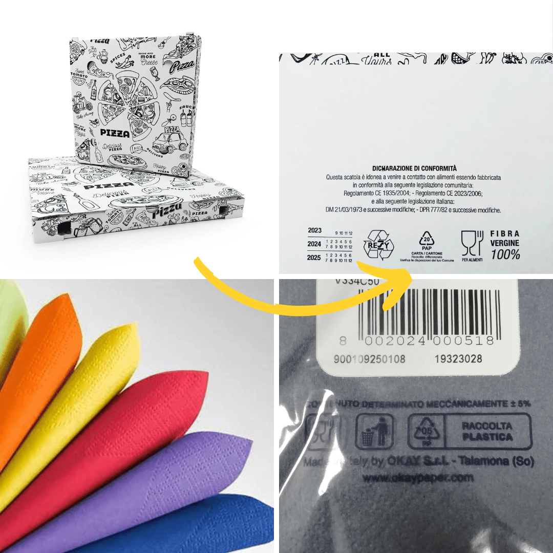Foto esplicativa di dove trovare etichette su scatole per pizza e su confezione tovaglioli di carta colorati 