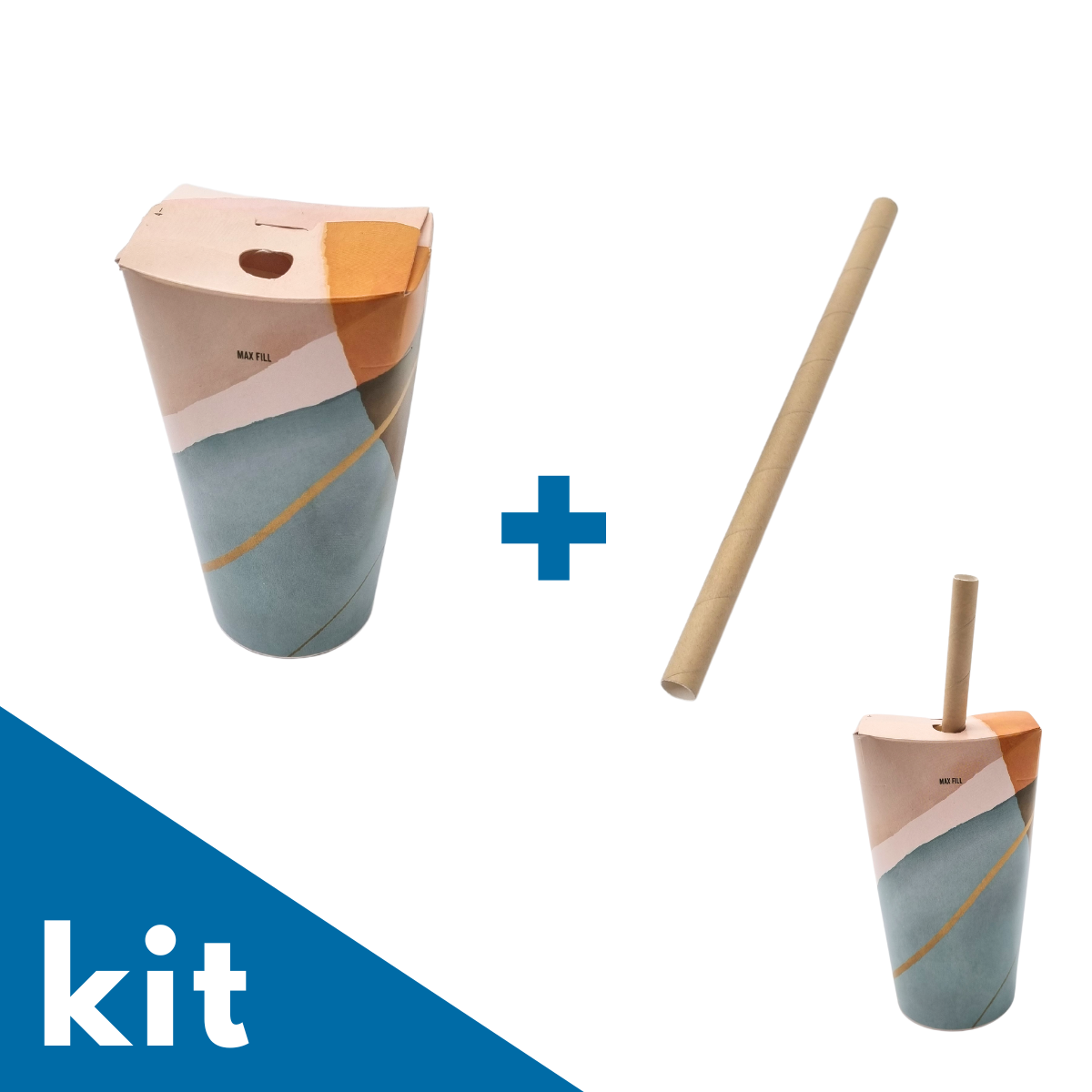 Kit con bicchiere di carta con foro e cannuccia avana 