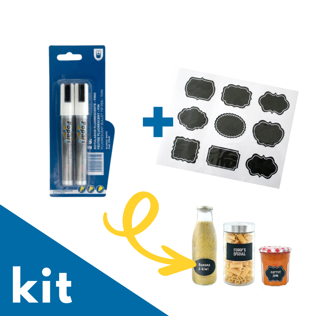 Kit con due pennarelli indelebili, ed etichette nere ed esempio di re barattoli con etichette attaccate 