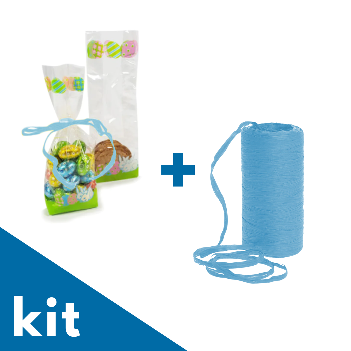 Kit con busta porta cioccolatini e biscotti e matassina di rafia color azzurro