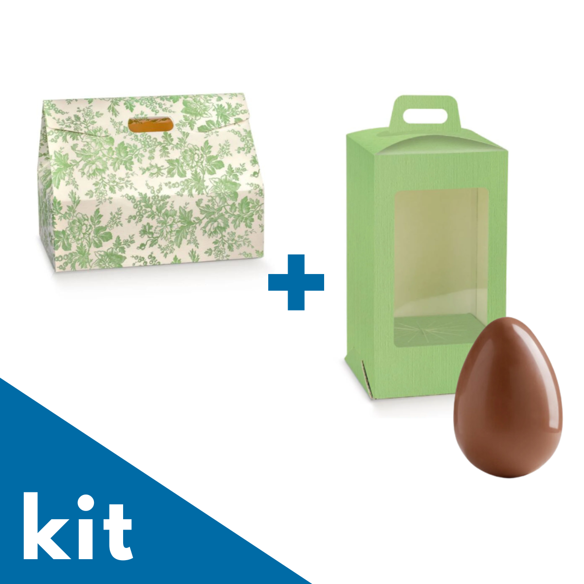 Kit con scatola porta colomba a fantasia verde e porta uovo di pasqua. verde, con finestra. Mostrato anche uovo di cioccolato