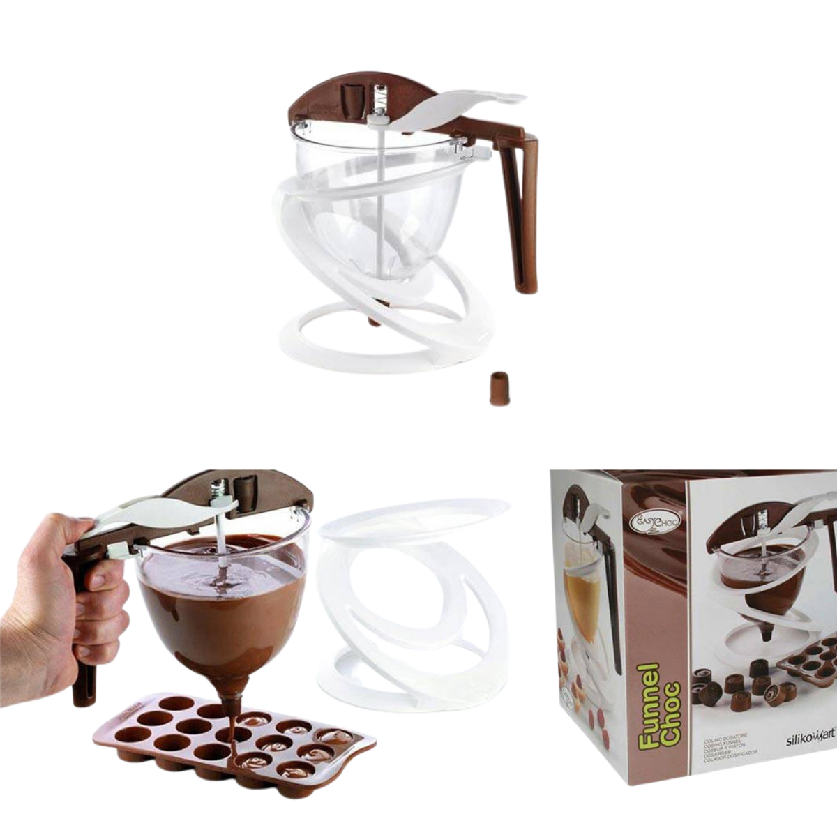 machina per fare cioccolatini, da sola, sua confezione e retta da una mano su stampi di silicone 