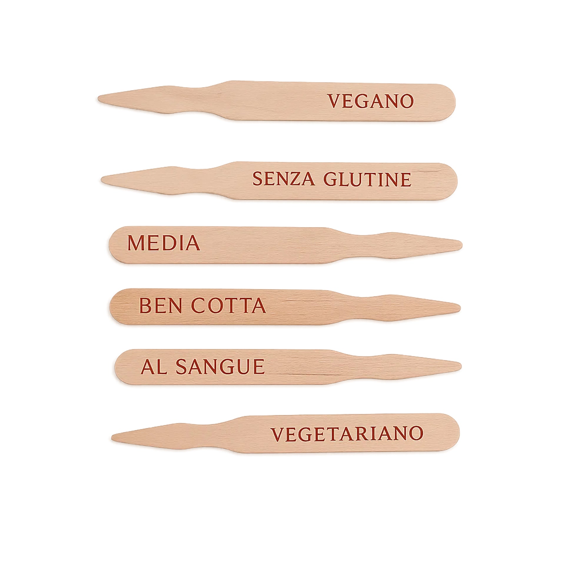 Marcatore, mostrato nel lato con la scritta in italiano: vegano, senza glutine, media, ben cotta, al sangue, vegetariano