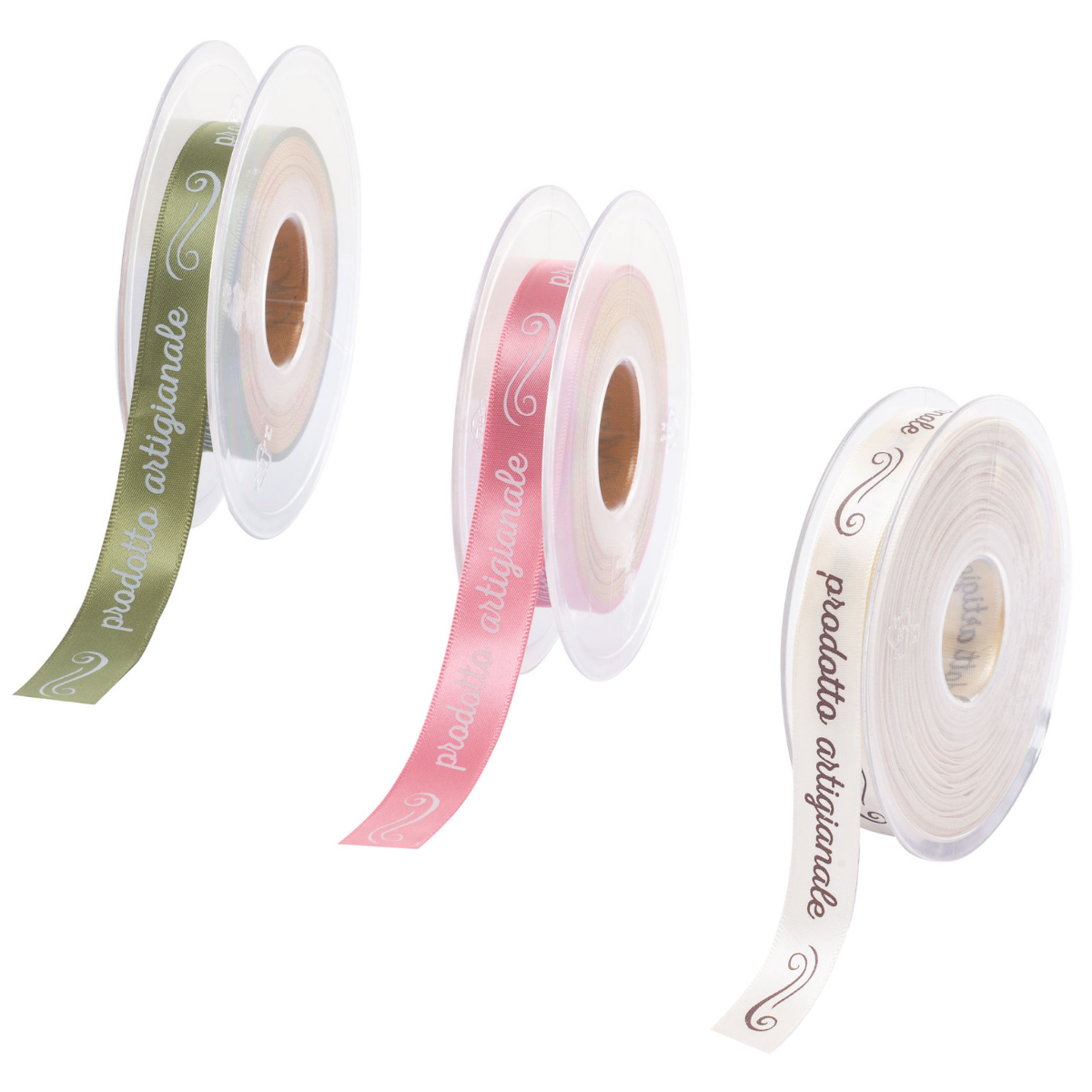 nastri con scritto prodotto artigianale, uno verde, uno rosa ed uno bianco