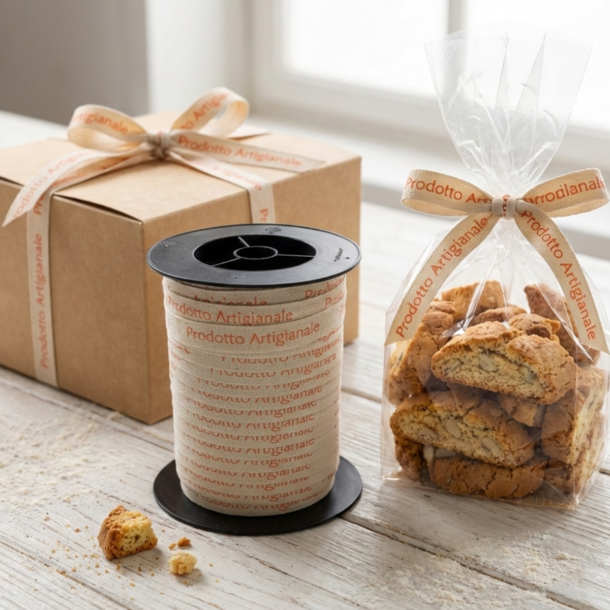 Nastro con scritta prodotto artigianale, nel suo rotolo e mostrato a chiudere un sacchetto trasparente con cantucci ed una scatola color avana 