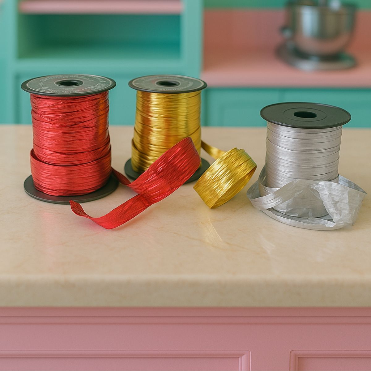 Nastri per confezioni, rosso, giallo e argento, metallizzati. nelle loro bobine, sul tavolo di una pasticceria