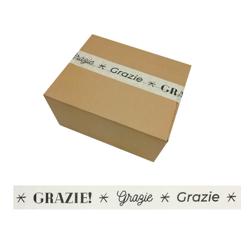 Pacco di cartone color avana chiuso con nastro GRAZIE 