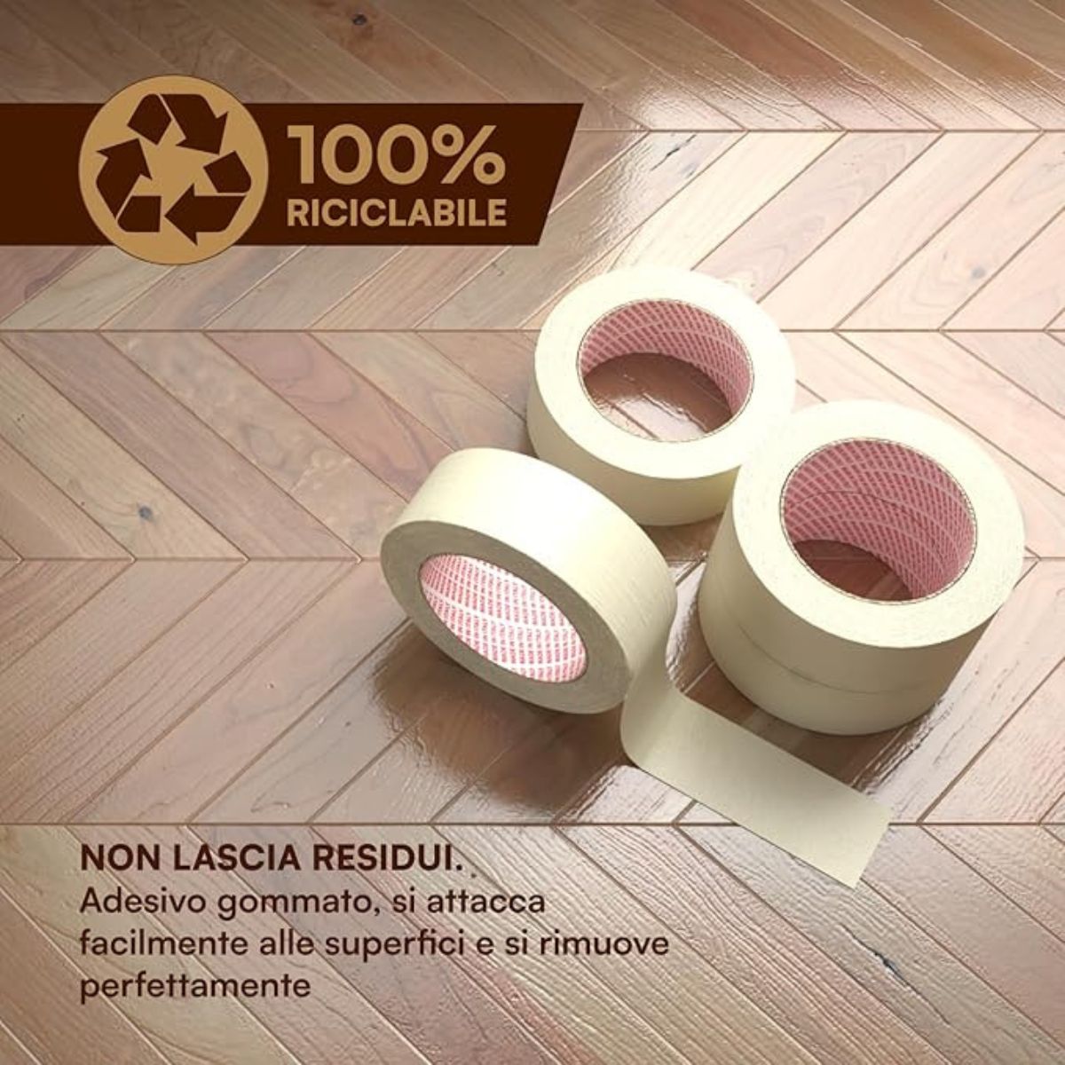 Nastro di carta tre rotoli su parquet con descrizioni tecniche