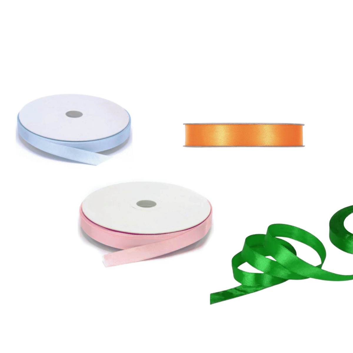 Vari nastri nelle oro bobine, azzurro, rosa, arancione e un arricciato verde