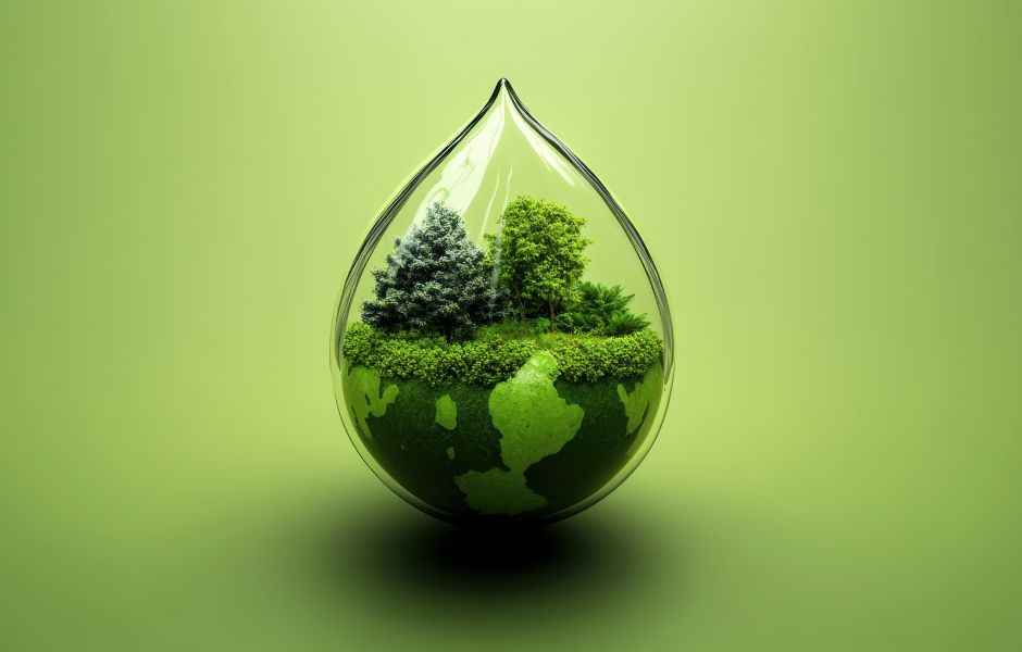 Banner verde con goccia d'acqua con dentro un mondo verde ed un bosco 